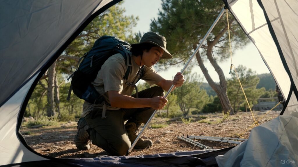 Muestra el montaje de una tienda de campaña 1 persona
