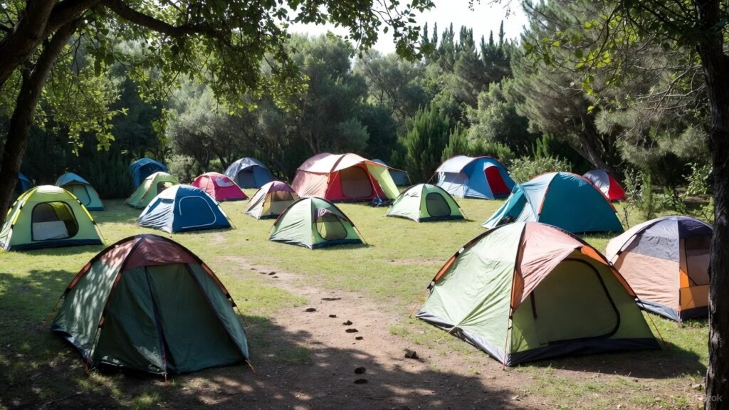 La imagen muestra a la tienda de campaña como forma de vida en comunidad en un campo.