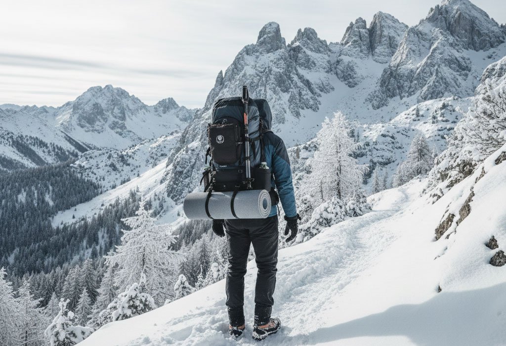Muestra un hombre llevando una mochila trekking