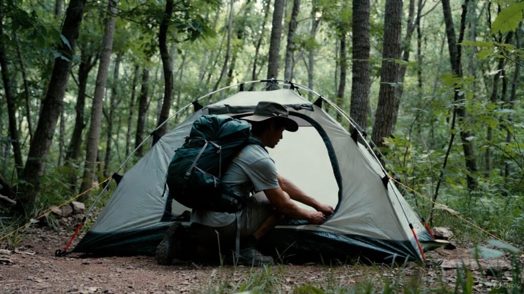 Enseña a un campista montando una tienda con una mochila como muestra de resistencia y peso de los materiales.